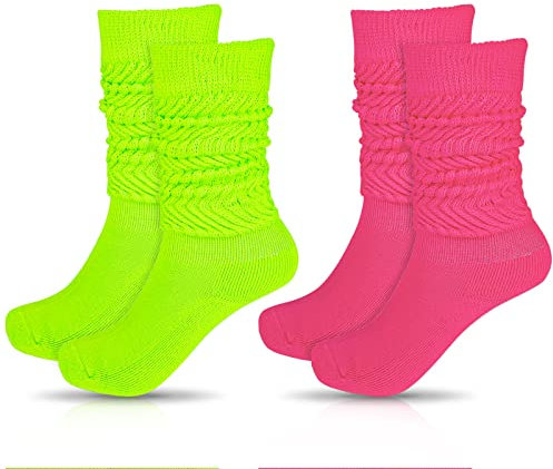 2 Pairs Knit Slouch Socks for Women Extra Long Scrunch Knee High Boot Socks Leg Warmers for 80s Party Streetwear (Rose Red and Fluorescent Green)