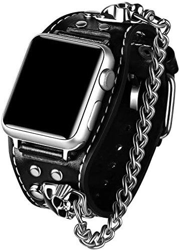 VIQIV Bracciale in pelle nera con teschio compatibile con Apple Watch Band Ultra 49 mm, 44 mm, 45 mm, 42 mm, 41 mm, 40 mm, 38 mm, serie 8, 7, 6, 5, 4, 3, 2, SE, per uomini e donne, cinturino da polso