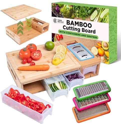 Bamboo Cutting Board with Containers - Meal Prep Station with Removable Top, Kitchen Boards & Food Storage Tray with Lids, Home Prepdeck Marble & Veggie Shredder Wood Prepboard Deck Slide Drawer Bins