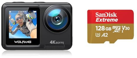 WOLFANG GA420 Action Cam 4K 60FPS Unterwasserkamera WiFi 10M Wasserdicht ohne Gehäuse 3.0 EIS Bildstabilisator Dual Screen Helmkamera & SanDisk Extreme microSDXC UHS-I Speicherkarte 128 GB + Adapter