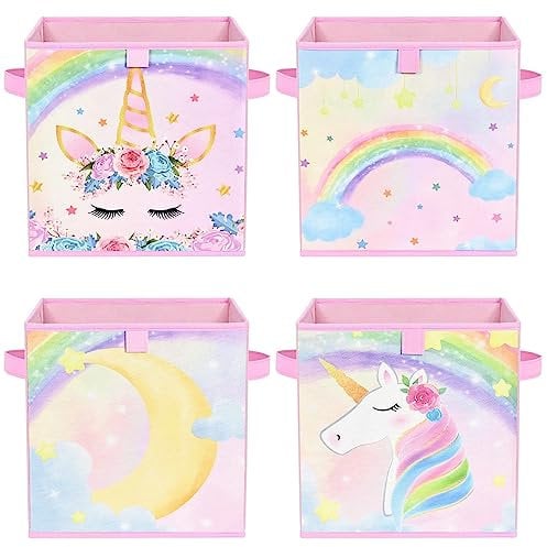 WERNNSAI Cube Storage Bins - 4 Pack Fabric Foldable Storage Boxes 28 cm Cube Organizer for Kids Decorative Storage Baskets with Handles Home Closet Room Bedroom ( Unicorn )