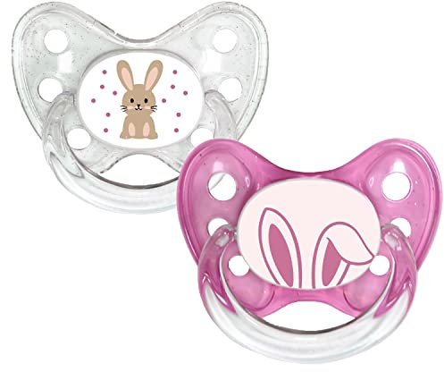 dentistar Silikon Schnuller 2er-Set – Größe 1 Schnuller 0-6 Monate – Zahn- & kieferfreundlicher Nuckel mit Dental-Stufe – BPA-frei – Made in Germany - Hase & Hasenohren