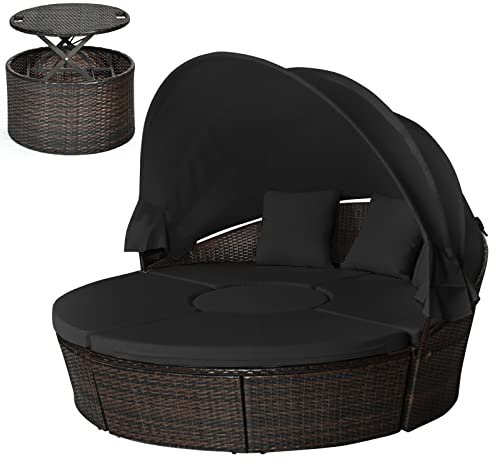 RELAX4LIFE Patio Rattan Daybed, Wicker Garden Furniture Set with Retractable Canopy, Height Adjustable Side Table, Pillow & Soft Cushion, Outdoor Sectional Sofa Set for Balcony Backyard (Black)
