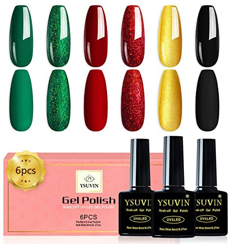YSUVIN UV Nagellack, 6 Farben Gold Grünes Rot Schwarz Weihnachts UV Gel Nagellack Set für Anfänger DIY Nail Art Maniküre Salon, 8ml