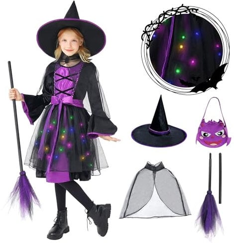Funnlot Halloween Witch Costume Kids, Light Up Girls Witch Costume with Witch Dress, Witch Hat,Witches broom and Candy Bag, Girls Wizard Set for Toddler Girls Halloween Costume, Purple (S)