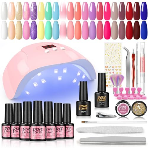 PEACECOLOR Kit Uñas Semipermanentes 20 Colores Esmalte Semipermanente Gel Uñas 36W Lámpara Secador de Uñas UV/LED con Capa Base y Top Coat 7ml