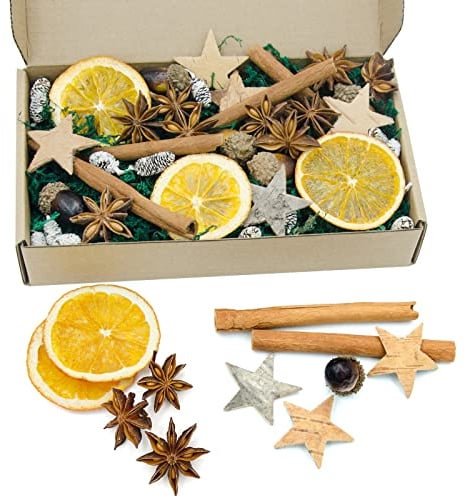 Apragaz 52 StüCk Weihnachtsdeko Adventskranz Deko Set, Natur Dekoration Mit Stern aus Birkenrinde Orangenscheibe, Zeder, Anis, Zimt, Eichel, DunkelgrüNes Moos Deko Weihnachten