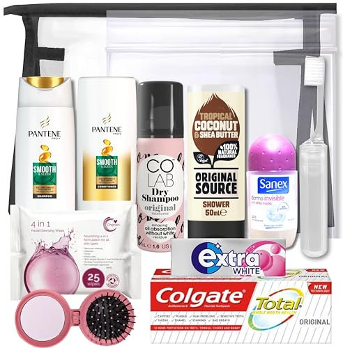 Trousse de toilette de voyage pour femme - Mini ensemble miniature pour les vacances, l'hôpital, la maternité | Sac de voyage transparent | Approuvé par la sécurité aéroportuaire, Noir