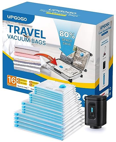 UPGOGO Combo 16 Pack Travel Vacuum Bags with Portable Electric Pump, Space Saver Vacuum Storage Bags for Clothing and Luggage, Travel Essentials