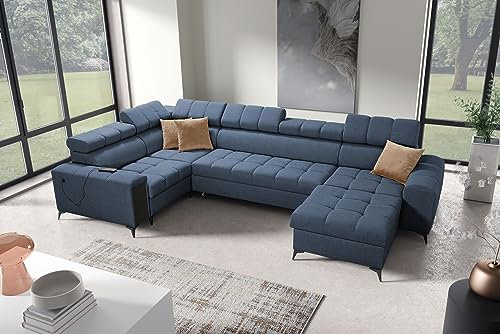 All4All Ecksofa mit Schlaffunktion Gonti IV Mini 337x201 cm - Schlafsofa mit Bettkasten - Sofa in U-Form - Wohnlandschaft XXL Sofa - Eckcouch Groß - Seite Rechts - Dunkelblau - Gewebe - Modern 26
