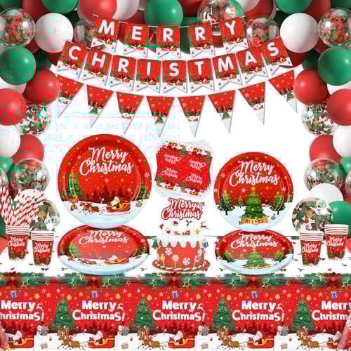 Paquete de 150 suministros de fiesta de Navidad, vajilla de Navidad, platos de papel, pancarta de Feliz Navidad, servilletas, tazas, mantel de fiesta de Navidad, globos para decoraciones de fiesta