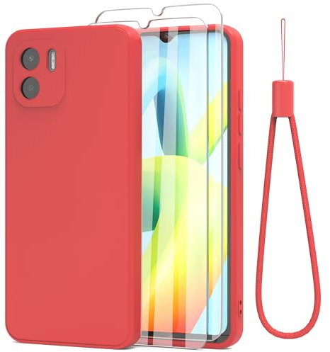 THIYUFUNS Funda con Xiaomi Redmi A1 / A2 4G (6.52) con 2 Protector Pantalla Cristal Templado,Carcasa de TPU Silicona Bumper Líquida Ultradelgado Cover - Rojo