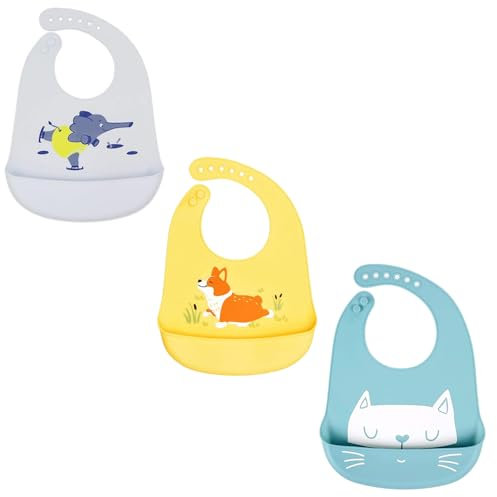 Voarge 3 pack Baby Silikon Lätzchen Wasserdicht Silikon-lätzchen für Fütterung mit Auffangschale Einfache Unisex für Entwöhnen, BPA Frei, Einfache Reinigung, Spülmaschinenfest (B)