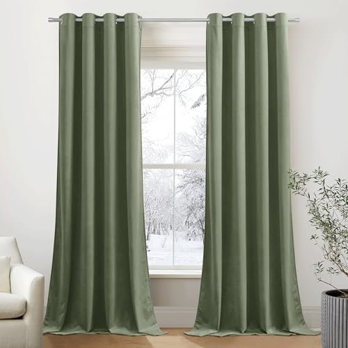 PONY DANCE Vorhänge Samt Ösen Gardinen Schlafzimmer Thermovorhang gegen Kälte Velvet Curtains for Living Room (300g/m²) Samtvorhang Verdunklungsgardine 2er Set, H 240 x B 132 cm, Salbeigrün