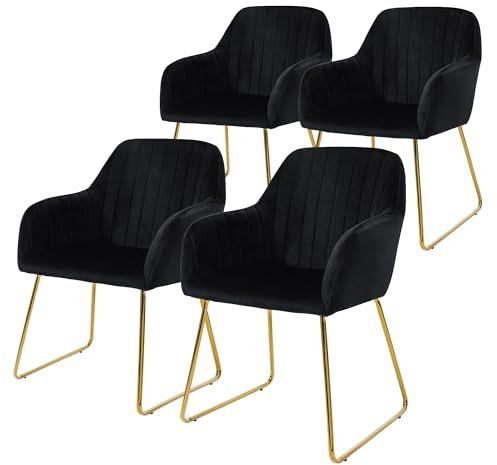 ML-Design Set de 4 Chaises de Salle à Manger, Noir, Assise Rembourrée en Velours, Pieds Dorés en Métal, avec Dossier et Accoudoirs Ergonomiques, Fauteuil Moderne de Salon Bureau Chambre Cuisine