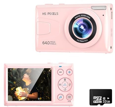 Fine Life Pro Digitalkamera Fotokamera FHD 1080P, 64MP, 18X Digitalzoom, Anti-Shake, 3,0 LCD Kompaktkamera mit 32GB SD Karte für Kinder, Anfänger, Jungen and Mädchen (Rosa)