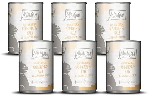 MjAMjAM - Premium Nassfutter für Katzen - DUO von zartem Hühnchen & Kalb an gedämpftem Kürbis, 6er Pack (6 x 400g), getreidefrei mit extra viel Fleisch
