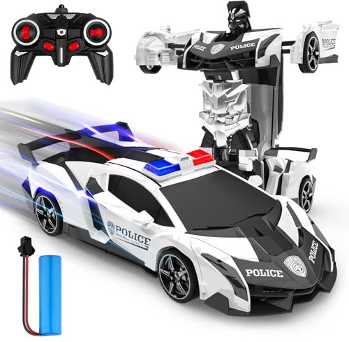 Coche Teledirigido, 2.4Ghz Transformable Robots Juguetes Coches Policia Radiocontrol Rotación 360°Drift RC Car, Juegos Infantiles Exterior Regalos Cumpleaños Navidad Niño Niñas 3 4 5 6 7 8 9 10 Años