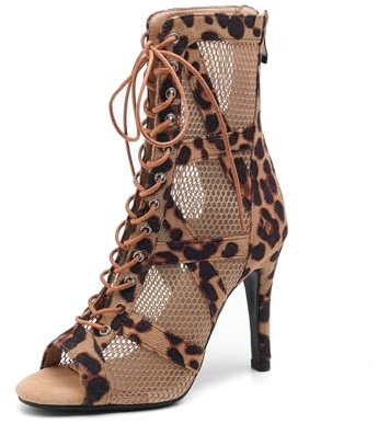 SWDZM Stivali da Ballo Latino Americano con Punta Aperta con Tacco Alto Scarpe da Ballo Nozze Festa,Leopard,Tacco 9.5cm,Suola in Gomma,39EU