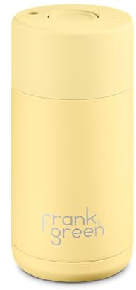 frank green Reusable Cup with Push-Button Lid, Triple Wall Vacuum Insulated Coffee Cup Travel Mug, Ceramic Lined Flask for Hot and Cold Drinks, Stainless Steel - Buttermilk, 12oz/340ml