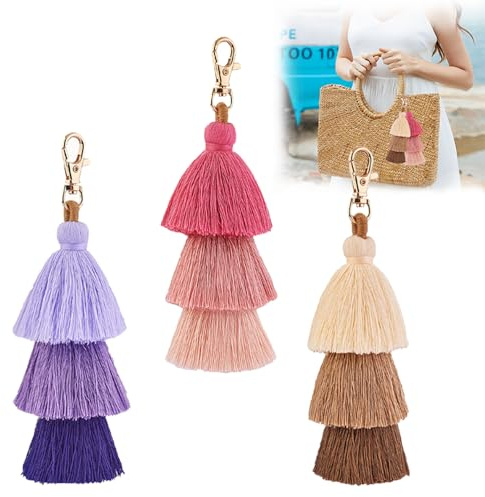 RXKFIGX 3 PCS Bunter Quasten-Anhänger Schlüsselanhänger mit Quaste im Böhmischen Stil für Tasche Pom Pom Quaste Tasche Charm Makramee Quasten Troddel Büschel Schlüsselanhänger für Frauen Mädchen