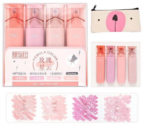 Gienslru Evidenziatori glitterati, evidenziatori glitterati, evidenziatori glitterati, 4 penne flash multifunzione per prendere appunti scintillanti, scrittura liscia (rosa)