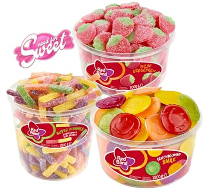 Red Band Mix BOX - Das ultimative Süßigkeitenpaket mit 3 Sorten - Wilde Erdberre, Saure Pommes & Smile