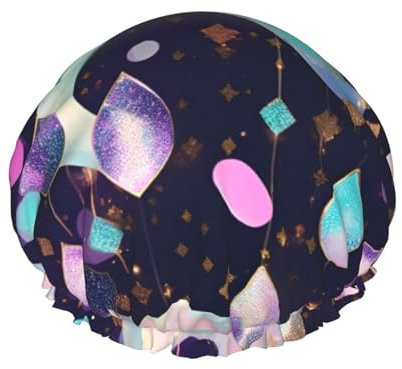 Cuffia da doccia con stampa glitterata, elastica e riutilizzabile, a doppio strato, impermeabile, per bagno e doccia