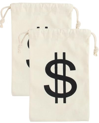 LOZTBUE 2 Stofftaschen, klein, Stofftasche mit Dollarzeichen, Geldtasche, Stofftasche mit Kordelzug, für Schatzsuche, Bühnenaufführung
