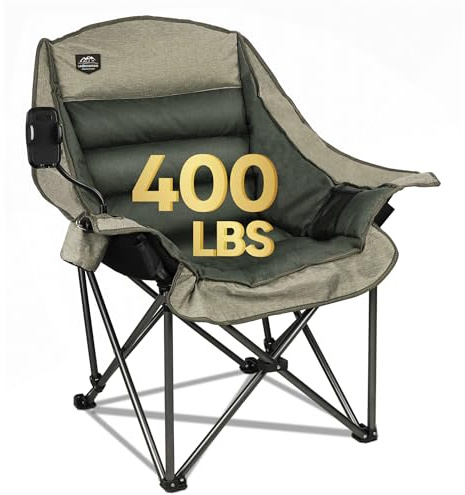 LANMOUNTAIN Oversized XL Folding Camping Chair, Heavy-Duty Support 400Lbs, Comfortable Adult Chair with Cup Holder, Phone Holder, Carry Bag, Perfect for Outdoor Activities (Brown)
