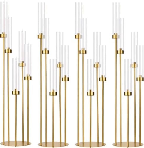 VINCIGANT 4 Set 5 Arms Candelabra Centerpieces, Metal Gold Candlestick with Acrylic Lampshade, 39.4'' Tall Floor Candle Holders for Wedding Christmas Dinner Party Home Decor, Fit for LED Candles