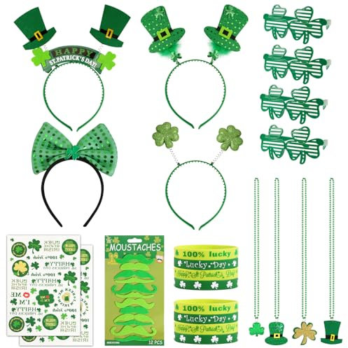 BOOMTOP 34pcs St. Patrick's Day Kostüm Accessoires Haarreif Sonnenbrillen St. Patricks Day Brille Kleeblatt Deko Temporäre Tattoos Grün Halskette Armbänder Irische Deko Party Dekoration