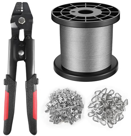 KALLSDY Wire Rope Crimping Tool Kit, 328FT Stainless Steel Cable with 200PCS 1/16” Aluminum Crimping Loop Sleeves and 50PCS Stainless Steel Thimbles