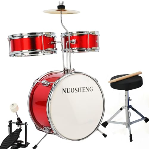 NUOSHENG Kids Drum Set 3-teilig für Anfänger, 13 Zoll Schlagzeug mit verstellbarem Thron, Becken, Pedal & Drumsticks, Junior Drum Set mit Bass Tom Snare Drum, Rot