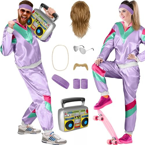 Balinco 80er Jahre Outfit Damen/Herren, Trainingsanzug Karneval Kostüm Set, Vokuhila Perücke, Bart, Kette, Pilotenbrille, Schweißbänder, Ghettoblaster (Lila I Grün I Pink, L)