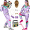 Balinco 80er Jahre Outfit Damen/Herren, Trainingsanzug Karneval Kostüm Set, Vokuhila Perücke, Bart, Kette, Pilotenbrille, Schweißbänder, Ghettoblaster (Lila I Grün I Pink, L)