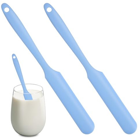 2 Stück Schmaler Silikon Spatel Dünner Hitzebeständig Küchenspatel Flexibler mit Lange Griff Rührschaber zum Abschaben von Rühren von Sauerteigstartern, Saucen, Passt für Kleine Behälter (Blau)