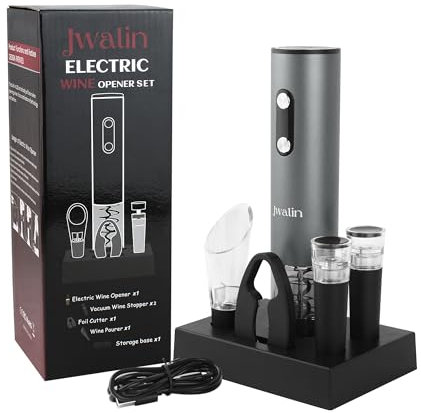 Ensemble tire-bouchon électrique rechargeable - Décapsuleur automatique 6 en 1 avec coupe-capsule, aérateur de vin, 2 bouchons de vin sous vide et support de base - Démoulage du bouchon en une seule