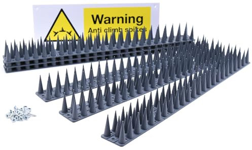 S4U Fence Wall Spikes 6pcs Garden Tall Bird Spikes Cat Pigeon Deterrent Coverage 2.65m Per Box Anti Climb 44 x 4.3 x 3.8cm Warning Sign & Screws Included (Grey 6pcs)