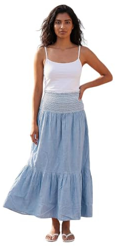 Roman Originals Gypsy Maxi Skirt for Women UK Ladies Tiered Bohemian Long Ankle Length Cotton Elasticated Waistband High Waist Monochrome Lounge Lightweight Holiday - Size 10 - Plain Blue
