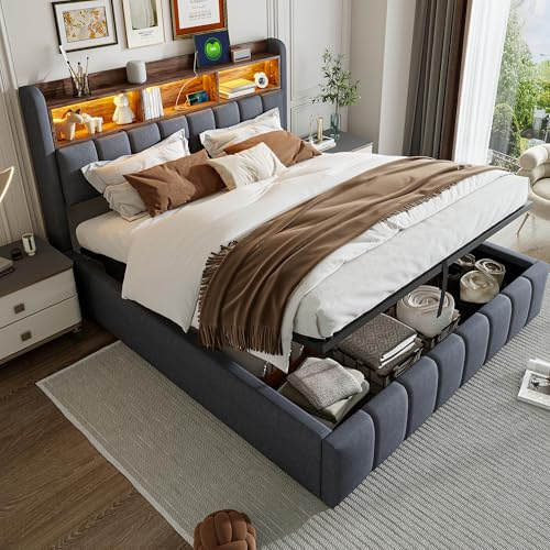 Dolamaní Doppelbett Polsterbett 180x200 cm mit LED-Beleuchtung und USB-Steckdose, Bett mit Stauraum & Kopfteil mit Einlegeböden, Leinenstoff (Grau)