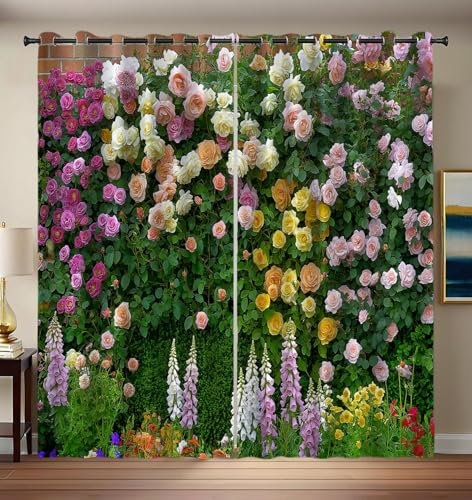 CEDNXOER Dark Green Blackout Curtains 66x54 Inch for Bedroom, Super Soft English Garden Rose Foxglove Flowers Insulated Curtains for Living Room, 2 Panels 54 Inch Drapes Eyelet Grommet Curtain