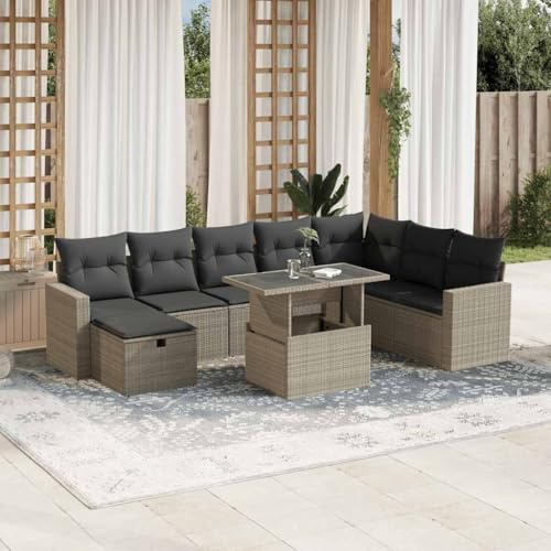 QJBSAVVA 9-teiliges Gartenmöbel-Set aus robustem Poly-Rattan mit höhenverstellbarem Gartentisch 100x55x44/73 cm und modularer Outdoor-Sitzgruppe für Terrasse Balkon und kleine Flächen