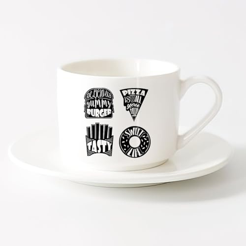 Tee- und Kaffeetassen Leckere Wörter Schriftzug Pizza Burger Donut Café （6oz/175ml） Stilvoll & langlebig – Mikrowellen- & Spülmaschinengeeignet Teeservice mit Tasse und Untertasse (weiß)
