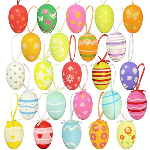 NOZVYCI 24 pièces Œufs de Pâques à suspendre, 6 cm Œufs de Pâques en plastique grands à suspendre pour enfants, décoration de Pâques, bricolage, œufs en plastique colorés avec ruban de soie pour la