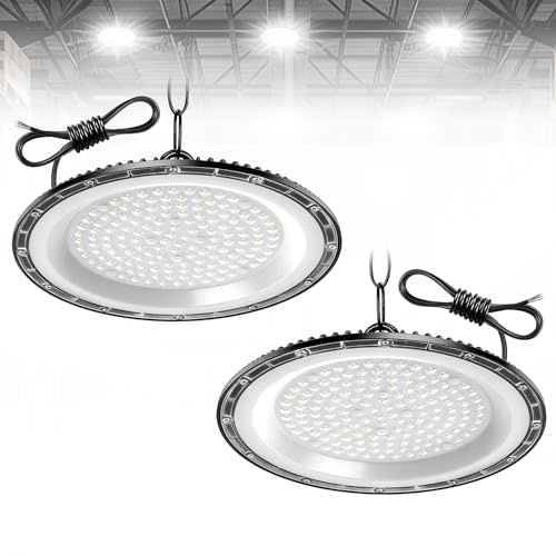Yelyee 2 Stück LED Werkstatt Deckenleuchte,200W led hallenstrahler,6500K 20000LM UFO Industrielampe,garagenlampe,IP65 Wasserdicht Deckenstrahler, für Keller Geschäft Werkstatt Scheune Lager