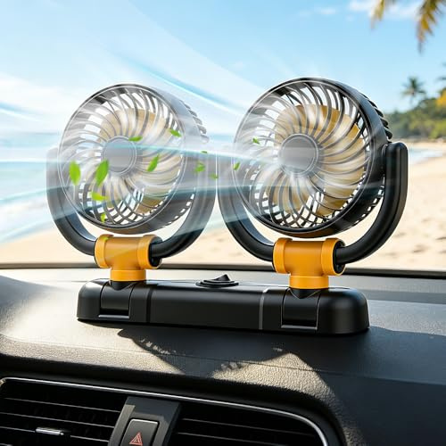 Mineup Electric Car Fan, 12V/24V Auto Car Cooling Fan, Cars Fans Dual-Head，USB Fans with 360° Rotatable for SUV, RV, Vehicles & Portable for Kitchen, Stroller, Black Orange