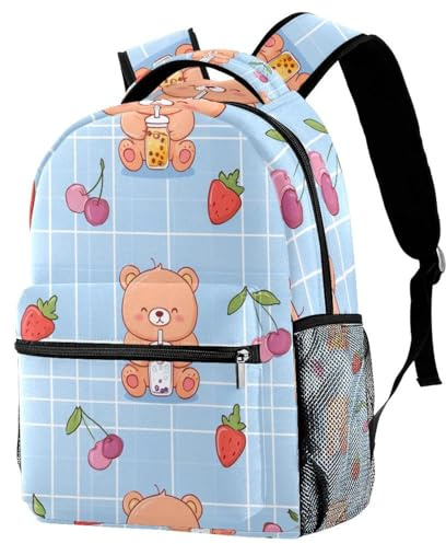 KengjuTesu Campus Backpack Travel Daypacks School Rucksack Bookbag with Bottle Holder for Girls Boys,Milk Tea Bear Blue
