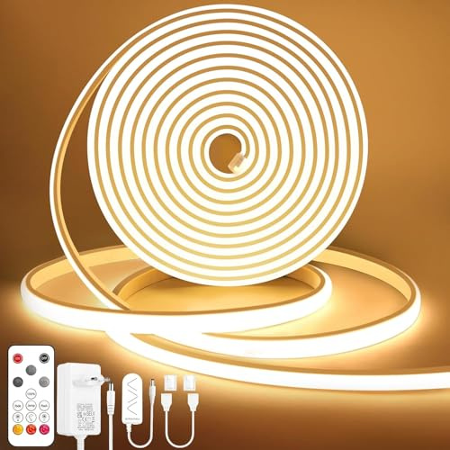 Lamomo COB LED Streifen 10m, Warmweiss Dimmbar Leiste mit Fernbedienung,24V | Selbstklebende Neon Strip, Wasserdicht Flexibel Silikon, Schnellverbindung, 3000K,10mm Breit, für Schlafzimmer, Küche, CRI90+