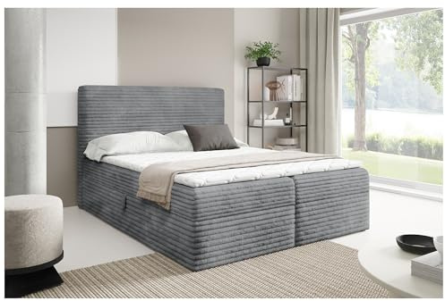 MEBLINI Boxspringbett mit Bettkasten - 200x200 - H4/Hellgrau Cordstoff - Talia - Gepolstert Doppelbett mit Matratze und Topper - Polsterbett mit Stauraum - Bett mit Kopfteil - Stauraumbett